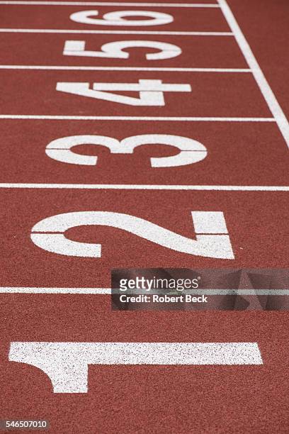Olympic Trials: Closeup view of 1 3 5, 6 lane markers on track before competition at Hayward Field. Eugene, OR 7/8/2016 CREDIT: Robert Beck