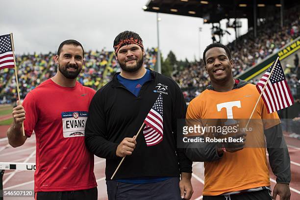 Olympic Trials: Andrew Evans, Mason Finley and Tavis Bailey holding USA flags after Men's Discus Throw at Hayward Field. Eugene, OR 7/8/2016 CREDIT:...