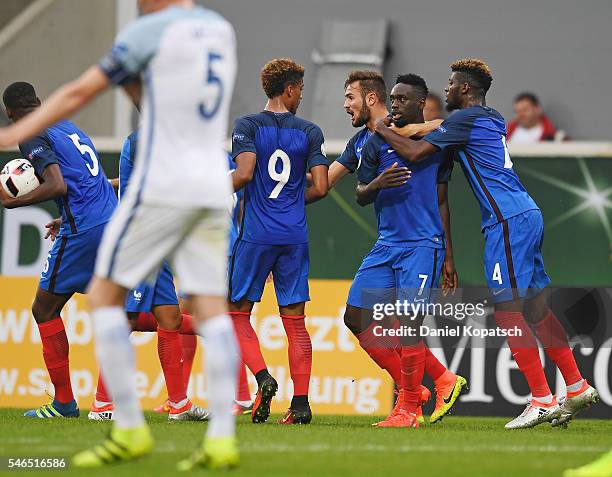 Jean-Kevin Augustin of France celebrates his team's first goal during the UEFA Under19 European Championship match between U19 France and U19 England...