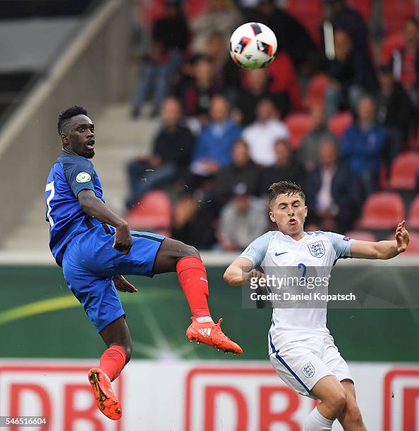 Jean-Kevin Augustin of France scores his team's first goal during the UEFA Under19 European Championship match between U19 France and U19 England at...