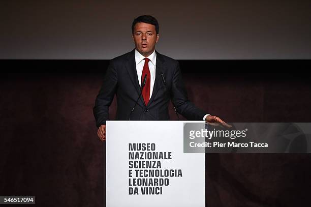 Italian Prime Minister Matteo Renzi talks during the 'Extreme. Alla ricerca delle particelle' exhibition opening at National Science and Technology...