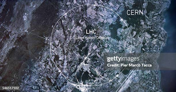 An image of CERN is displayed during the 'Extreme. Alla ricerca delle particelle' exhibition opening at National Science and Technology Museum...