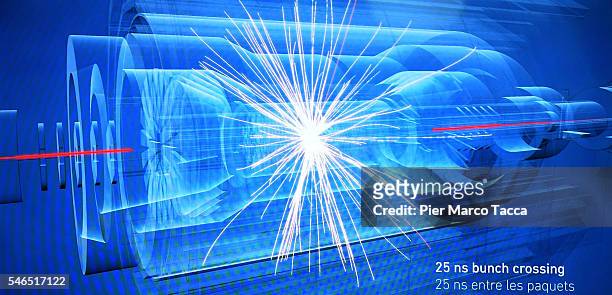 An image of an experiment at the CERN is displayed during the 'Extreme. Alla ricerca delle particelle' exhibition opening at National Science and...