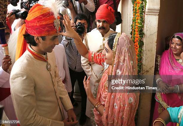 Maharaja Sawai Padmanabh Singh of the erstwhile royal family of Jaipur being greeted by his sister Gaurvi Kumari during his 18th birth anniversary...