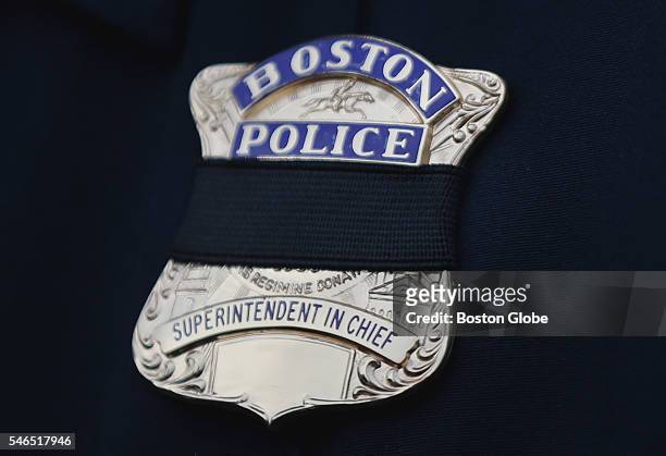 Boston Police Superintendent-in-Chief William Gross' badge is pictured before a weekly peace walk with Twelfth Baptist Church members in Roxbury....