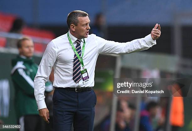 Coach Adrian Boothroyd of England reacts during the UEFA Under19 European Championship match between U19 France and U19 England at Voith-Arena on...