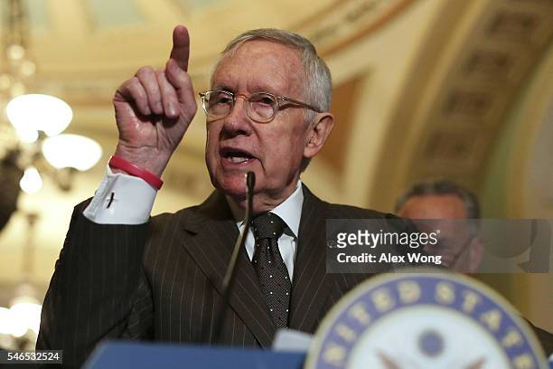 Senate Minority Leader Sen. Harry Reid speaks during a news briefing after the Democratic weekly policy luncheon July 12, 2016 at the Capitol in...
