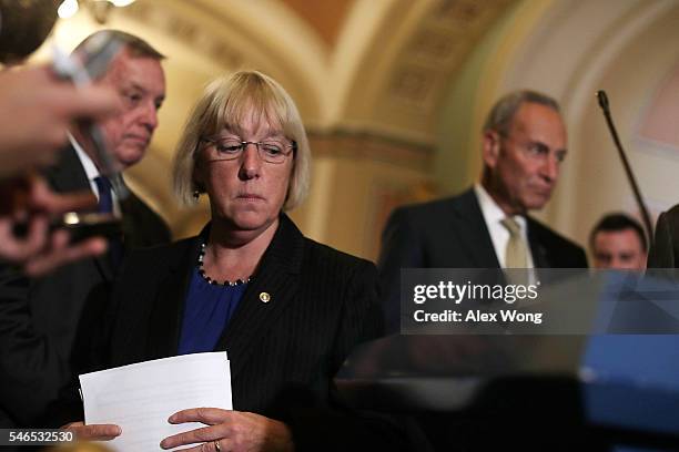 Senate Minority Whip Sen. Richard Durbin , Sen. Patty Murray , Sen. Charles Schumer during a news briefing after the Democratic weekly policy...