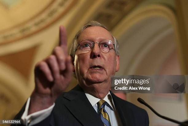 Senate Majority Leader Sen. Mitch McConnell speaks during a news briefing after the Republican weekly policy luncheon July 12, 2016 at the Capitol in...