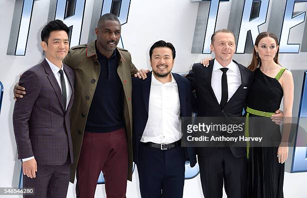 John Cho, Idris Elba, Director Justin Lin, Simon Pegg and Lydia Wilson attend the UK premiere of "Star Trek Beyond" on July 12, 2016 in London,...
