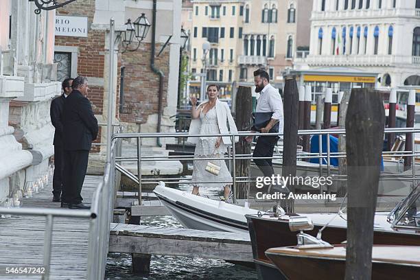 Guests arrive for dinner at the Aman Grand Canal hotel after the civil marriage of Bastian Schweinsteiger and Ana Ivanovic on July 12, 2016 in...