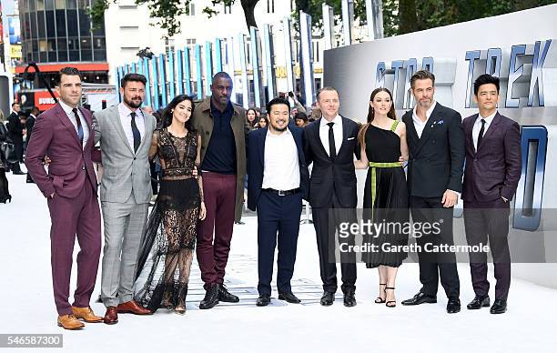 Zachary Quinto, Karl Urban, Sofia Boutella, Idris Elba, director Justin Lin, Simon Pegg, Lydia Wilson, Chris Pine and John Cho attend the UK Premiere...