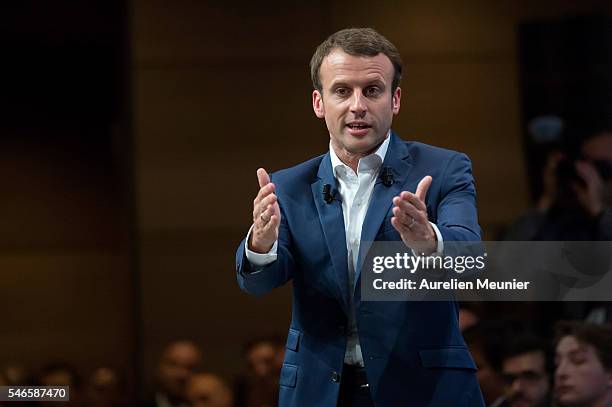 French Minister of Economic, Emmanuel Macron addresses an estimated 3000 people during the 'En Marche' political party meeting at Theatre de la...