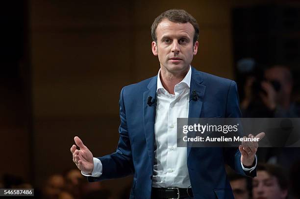 French Minister of Economic, Emmanuel Macron addresses an estimated 3000 people during the 'En Marche' political party meeting at Theatre de la...