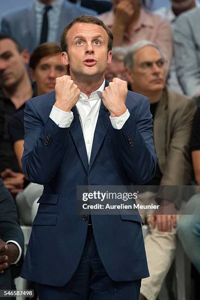 French Minister of Economic, Emmanuel Macron addresses an estimated 3000 people during the 'En Marche' political party meeting at Theatre de la...