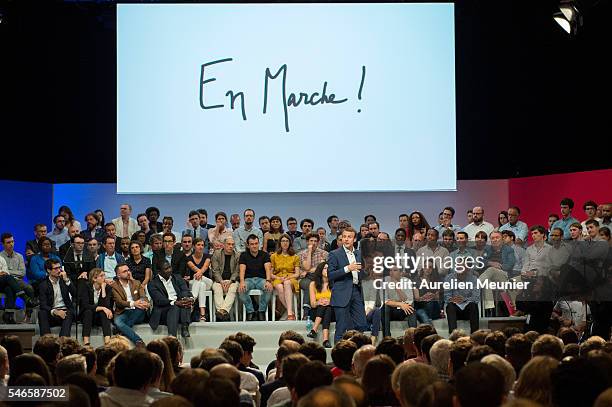 French Minister of Economic, Emmanuel Macron addresses an estimated 3000 people during the 'En Marche' political party meeting at Theatre de la...