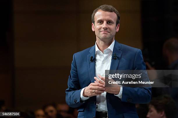 French Minister of Economic, Emmanuel Macron addresses an estimated 3000 people during the 'En Marche' political party meeting at Theatre de la...