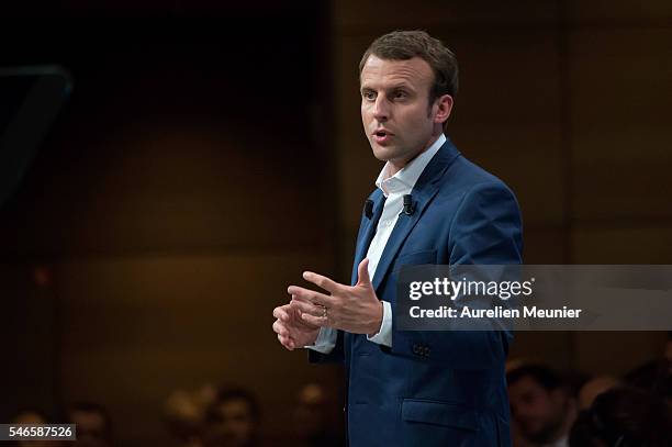 French Minister of Economic, Emmanuel Macron addresses an estimated 3000 people during the 'En Marche' political party meeting at Theatre de la...