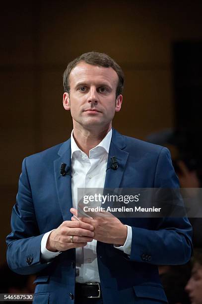 French Minister of Economic, Emmanuel Macron addresses an estimated 3000 people during the 'En Marche' political party meeting at Theatre de la...