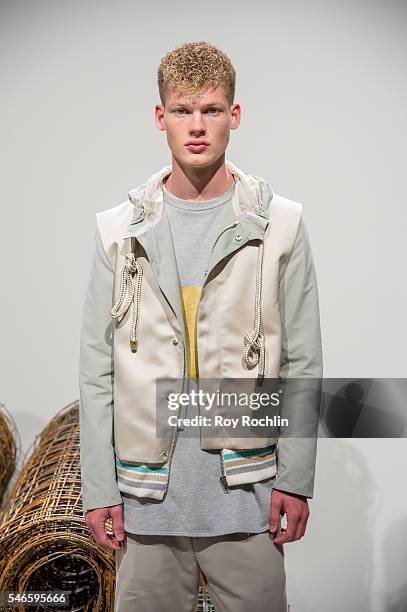 Model poses at the Garciavelez presentation during New York Fashion Week: Men's S/S 2017 at Skylight Clarkson Sq on July 12, 2016 in New York City.