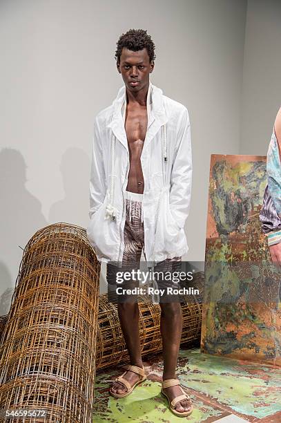 Model poses at the Garciavelez presentation during New York Fashion Week: Men's S/S 2017 at Skylight Clarkson Sq on July 12, 2016 in New York City.