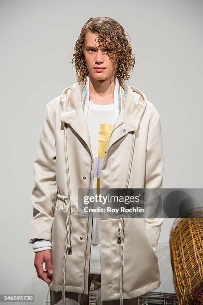 Model poses at the Garciavelez presentation during New York Fashion Week: Men's S/S 2017 at Skylight Clarkson Sq on July 12, 2016 in New York City.