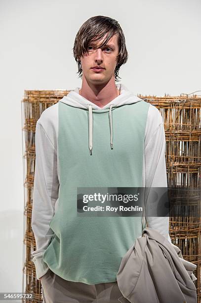 Model poses at the Garciavelez presentation during New York Fashion Week: Men's S/S 2017 at Skylight Clarkson Sq on July 12, 2016 in New York City.