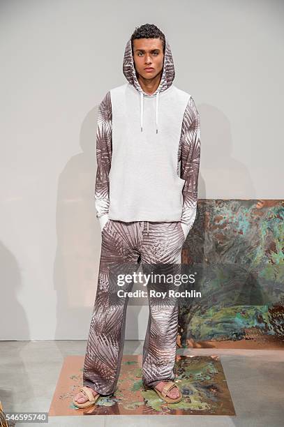 Model poses at the Garciavelez presentation during New York Fashion Week: Men's S/S 2017 at Skylight Clarkson Sq on July 12, 2016 in New York City.