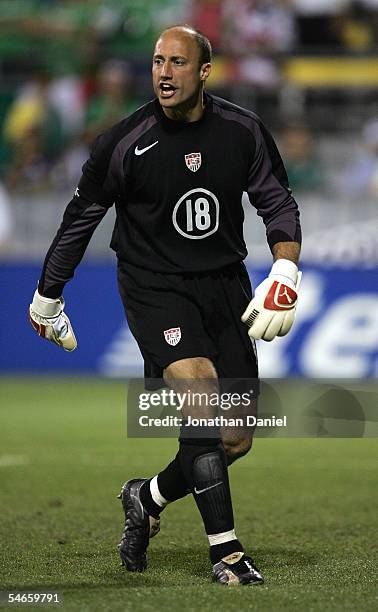 Goalkeeper Kasey Keller of the USA eyes the play during their 2006 World Cup Qualifying match against Mexico at Crew Stadium on Septermber 3, 2005 in...