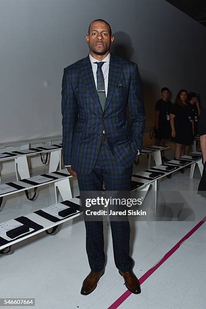 Andre Iguodala attends the Robert Geller show during New York Fashion Week: Men's S/S 2017 at Skylight Clarkson Square on July 12, 2016 in New York...