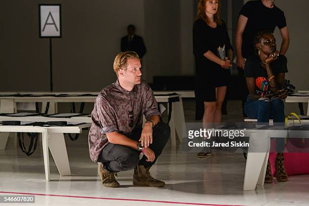 Designer Robert Geller during rehearsal of the Robert Geller show during New York Fashion Week: Men's S/S 2017 at Skylight Clarkson Square on July...