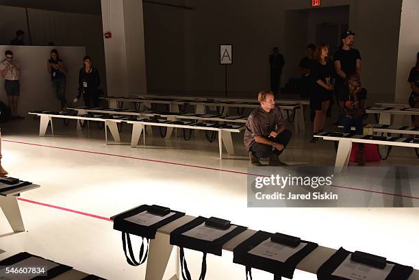Designer Robert Geller during rehearsal at the Robert Geller show during New York Fashion Week: Men's S/S 2017 at Skylight Clarkson Square on July...