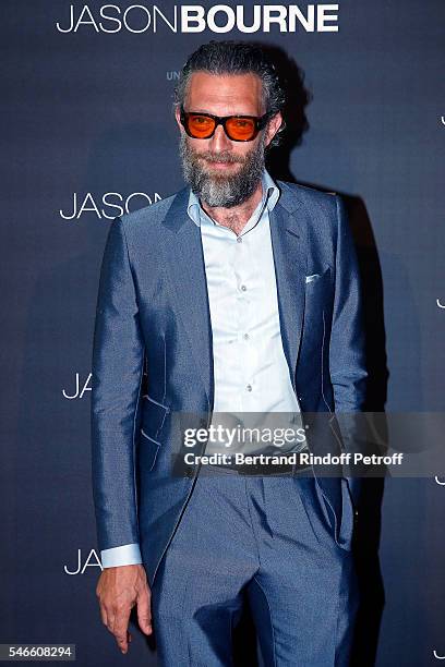 Actor Vincent Cassel attends the 'Jason Bourne' Paris Premiere at Cinema Pathe Beaugrenelle on July 12, 2016 in Paris, France.