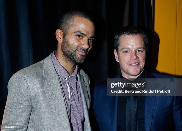 Player Tony Parker and Actor Matt Damon attend the 'Jason Bourne' Paris Premiere at Cinema Pathe Beaugrenelle on July 12, 2016 in Paris, France.