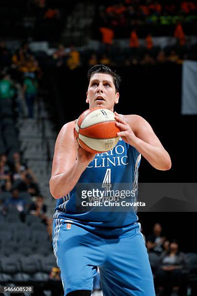 Janel McCarville of the Minnesota Lynx shoots a free throw against the San Antonio Stars on July 12, 2016 at AT&T Center in San Antonio, Texas. NOTE...