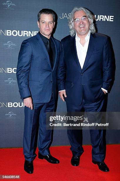 Actor Matt Damon and director Paul Greengrass attend the 'Jason Bourne' Paris Premiere at Cinema Pathe Beaugrenelle on July 12, 2016 in Paris, France.