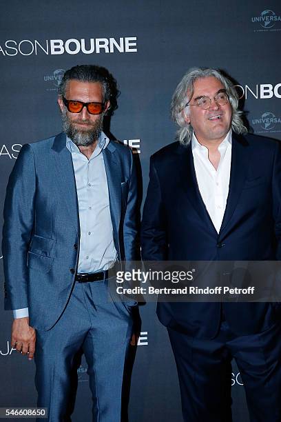 Actor Vincent Cassel and Director Paul Greengrass attend the 'Jason Bourne' Paris Premiere at Cinema Pathe Beaugrenelle on July 12, 2016 in Paris,...