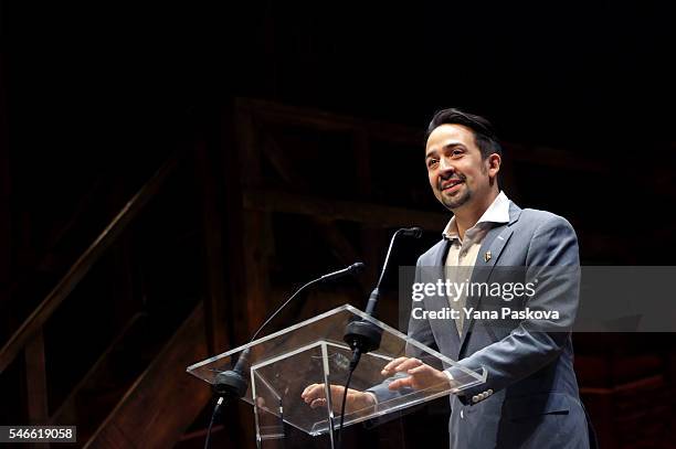 Lin-Manuel Miranda, creator of the Broadway musical "Hamilton," introduces Democratic presidential candidate Hillary Clinton after a special...