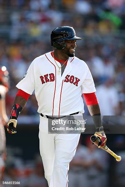 American League All-Star David Ortiz of the Boston Red Sox reacts after batting against the National League All-Stars during the 2016 MLB All-Star...