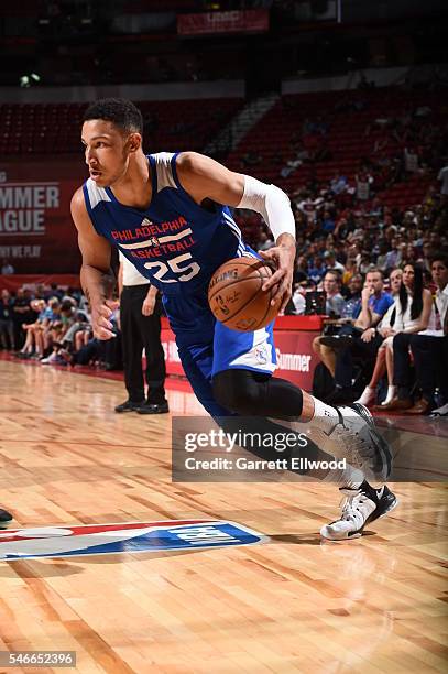 Ben Simmons of the Philadelphia 76ers dribbles the ball against the Golden State Warriors during the 2016 NBA Las Vegas Summer League on July 12,...