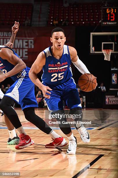 Ben Simmons of the Philadelphia 76ers dribbles the ball against the Golden State Warriors during the 2016 NBA Las Vegas Summer League on July 12,...