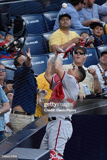 Wilson Ramos of the Washington Nationals and the National League makes a play against the American League during the 87th Annual MLB All-Star Game at...