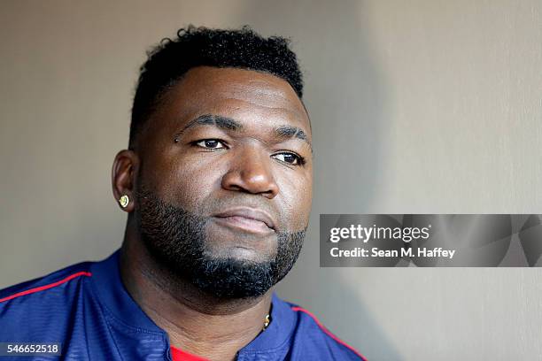 David Ortiz of the Boston Red Sox and the American League sits in the dugout after he is taken out of the game in the third inning during the 87th...