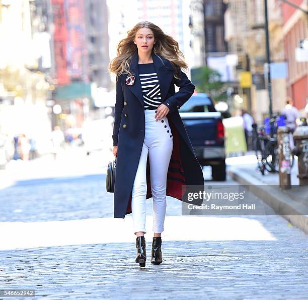 Model Gigi Hadid is seen on the set of a Photoshoot for "Tommy" Hilfiger" in Soho on July 12, 2016 in New York City.