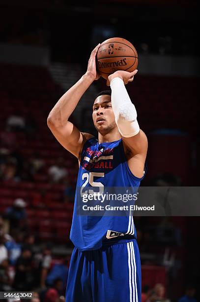 Ben Simmons of the Philadelphia 76ers prepares to shoot a free throw against the Golden State Warriors during the 2016 NBA Las Vegas Summer League on...