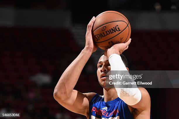 Ben Simmons of the Philadelphia 76ers prepares to shoot a free throw against the Golden State Warriors during the 2016 NBA Las Vegas Summer League on...