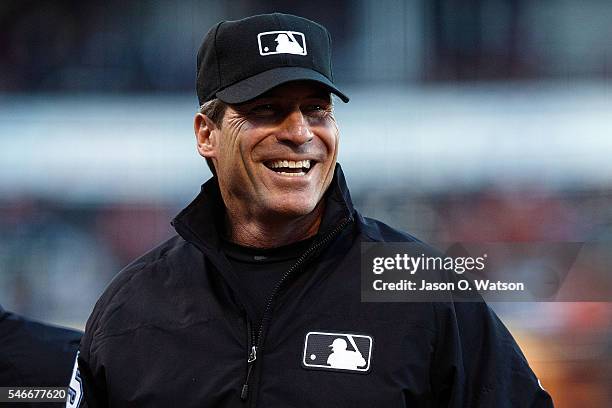Umpire Angel Hernandez stands on the field before the game between the San Francisco Giants and the Oakland Athletics at AT&T Park on June 28, 2016...