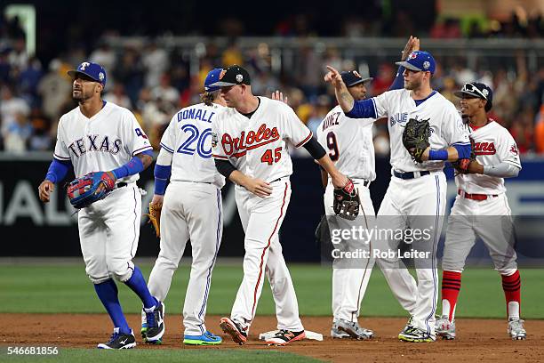 The American League All-Stars celebrate after defeating the National League All-Stars 4-2 in the 2016 MLB All-Star Game at Petco Park on Tuesday,...