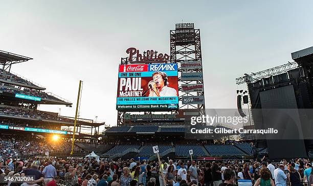 General view of atmosphere during singer-songwriter Sir Paul McCartney performance during the 'One On One' tour at Citizens Bank Park on July 12,...