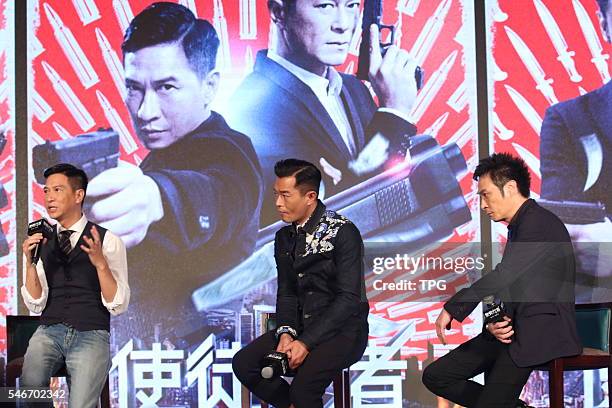 Nick Cheung,Louis Koo and Francis Ng attend the press conference to promote their new movie Line Walker on 12th July, 2016 in Beijing, China.